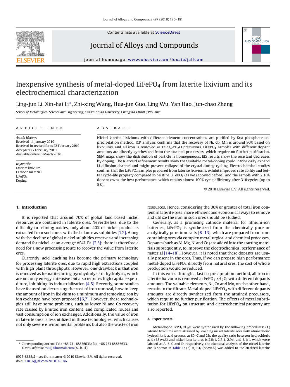 Inexpensive synthesis of metal-doped LiFePO4 from laterite lixivium and its electrochemical characterization