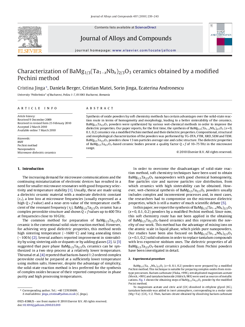 Characterization of BaMg1/3(Ta1−xNbx)2/3O3 ceramics obtained by a modified Pechini method