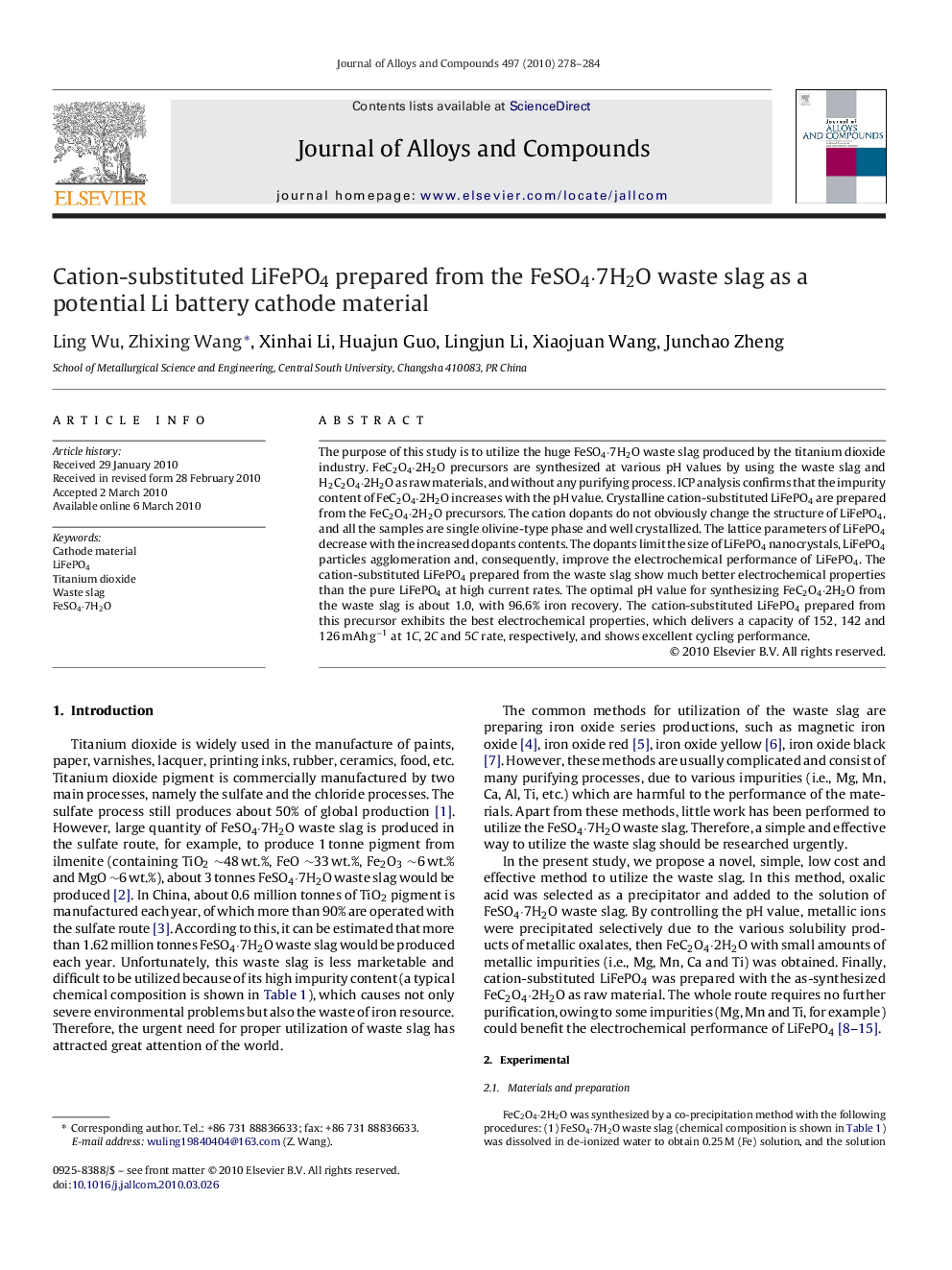 Cation-substituted LiFePO4 prepared from the FeSO4·7H2O waste slag as a potential Li battery cathode material