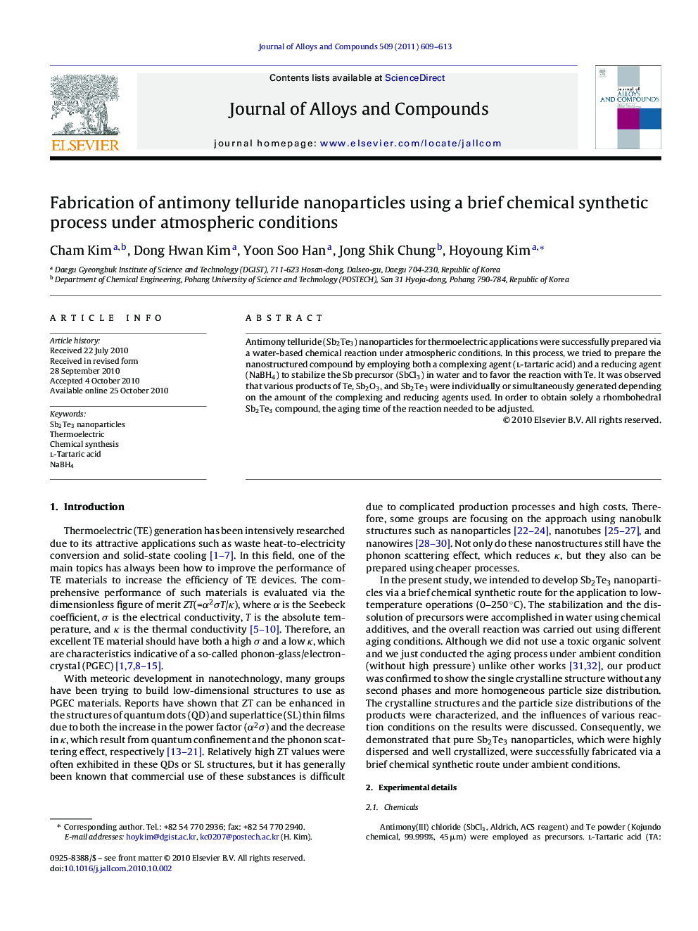 Fabrication of antimony telluride nanoparticles using a brief chemical synthetic process under atmospheric conditions