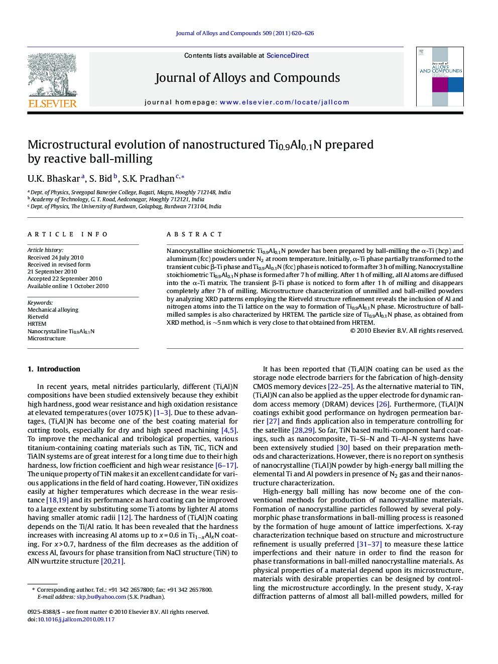 Microstructural evolution of nanostructured Ti0.9Al0.1N prepared by reactive ball-milling