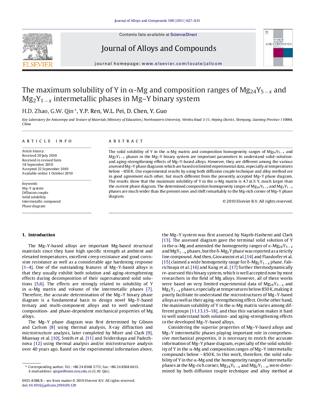 The maximum solubility of Y in α-Mg and composition ranges of Mg24Y5 − x and Mg2Y1 − x intermetallic phases in Mg–Y binary system