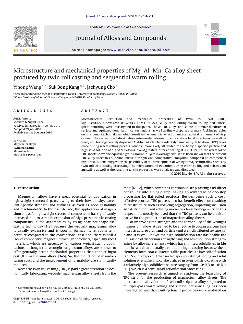 Microstructure and mechanical properties of Mg–Al–Mn–Ca alloy sheet produced by twin roll casting and sequential warm rolling