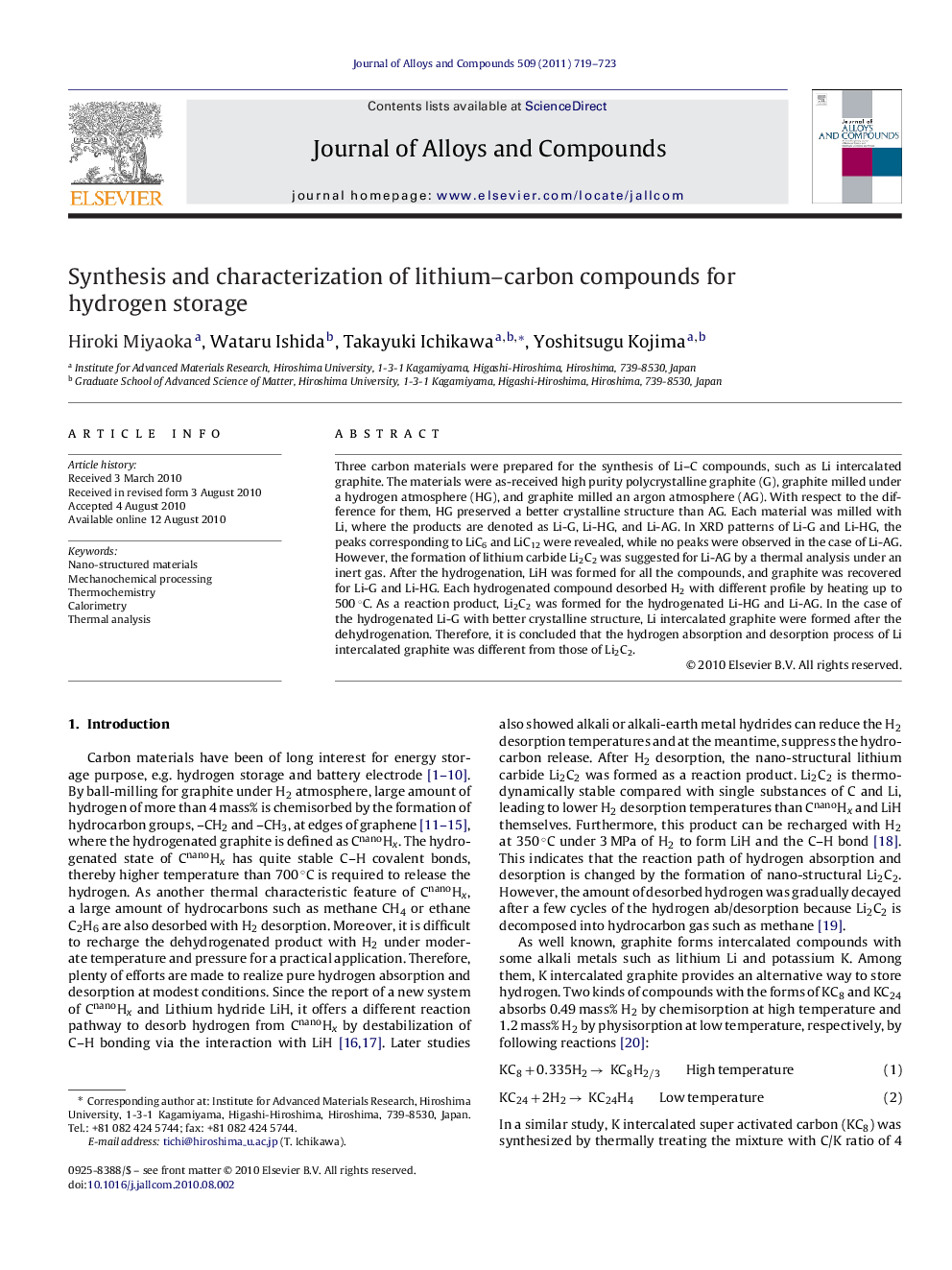 Synthesis and characterization of lithium–carbon compounds for hydrogen storage