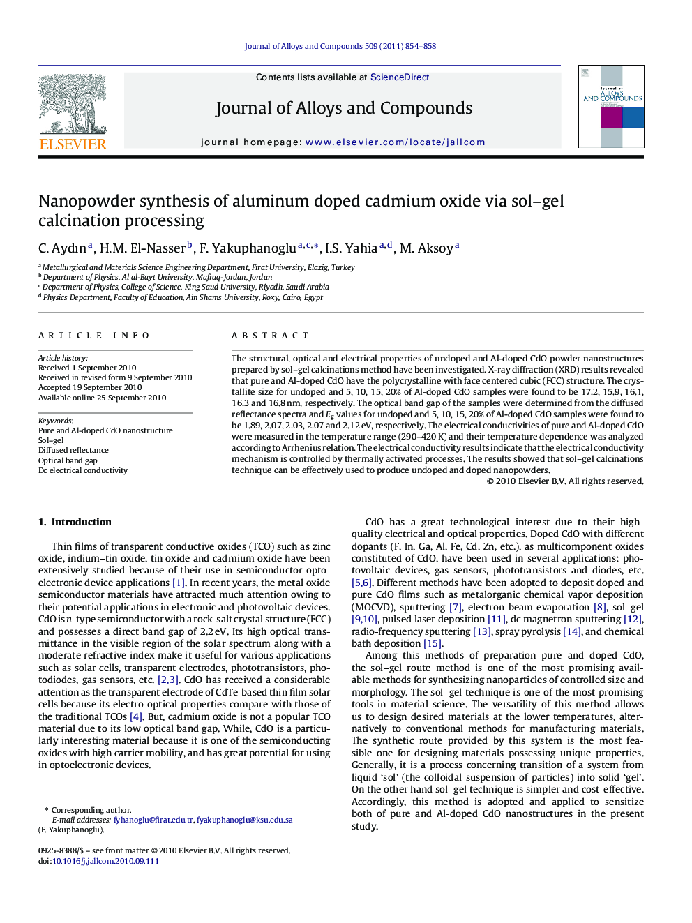 Nanopowder synthesis of aluminum doped cadmium oxide via sol–gel calcination processing