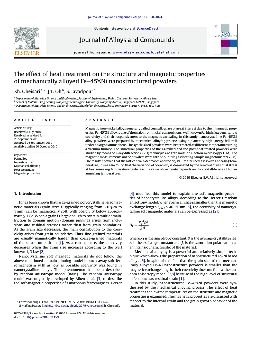 The effect of heat treatment on the structure and magnetic properties of mechanically alloyed Fe–45%Ni nanostructured powders