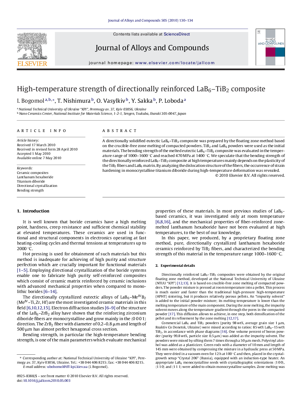 High-temperature strength of directionally reinforced LaB6–TiB2 composite