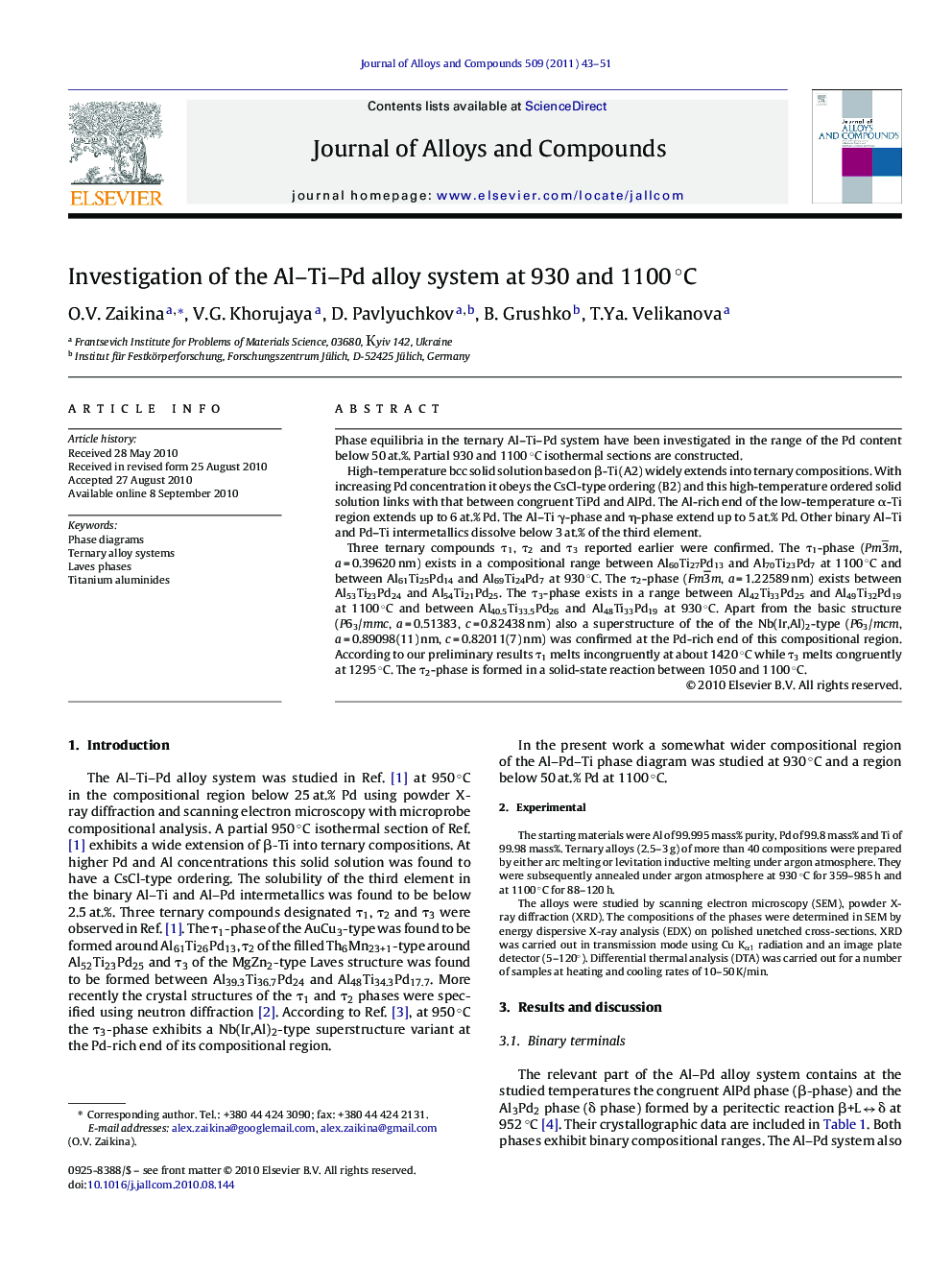 Investigation of the Al–Ti–Pd alloy system at 930 and 1100 °C