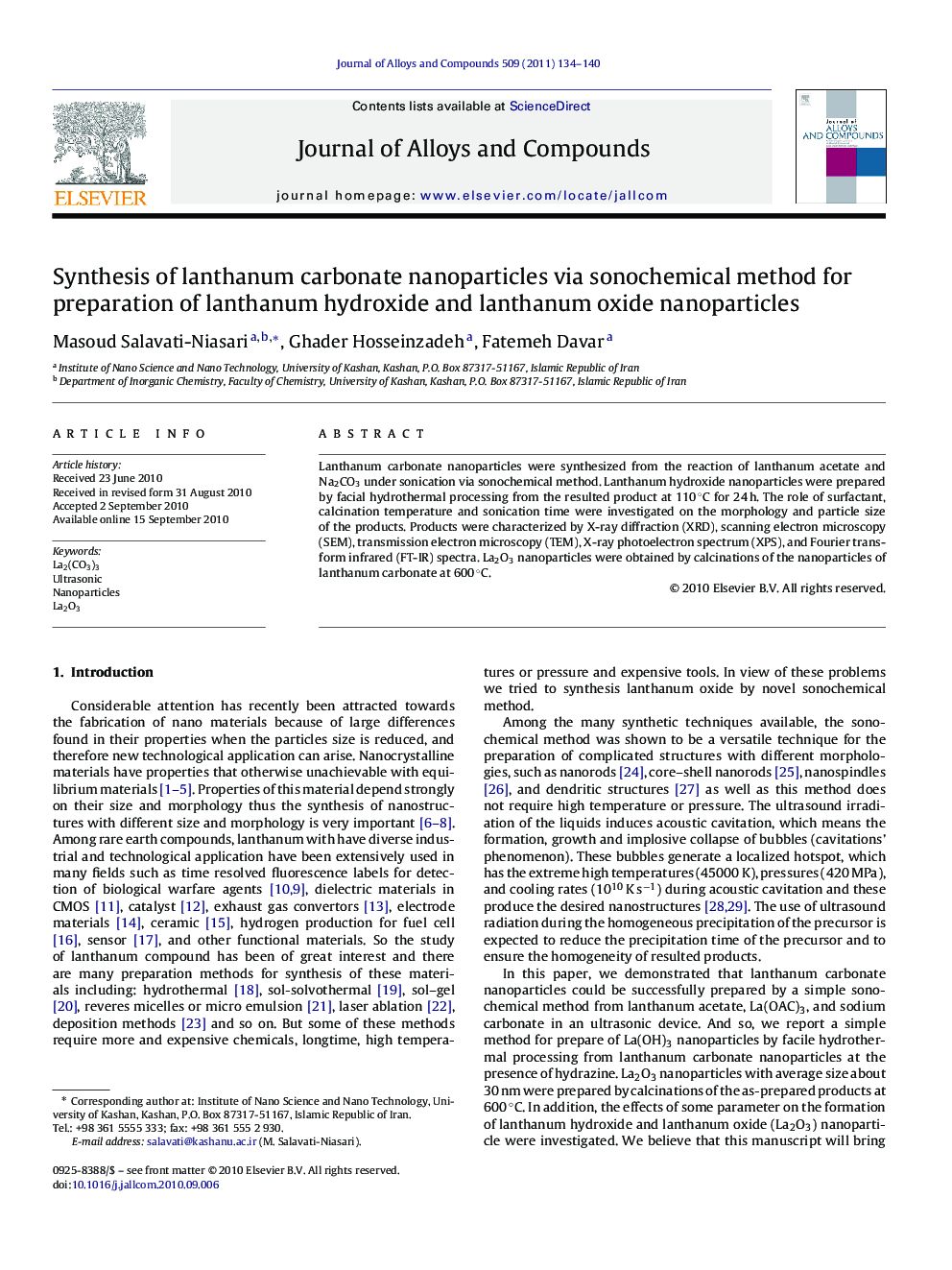 Synthesis of lanthanum carbonate nanoparticles via sonochemical method for preparation of lanthanum hydroxide and lanthanum oxide nanoparticles