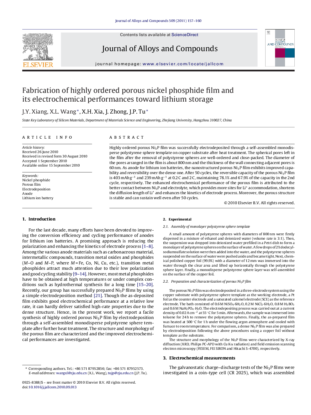 Fabrication of highly ordered porous nickel phosphide film and its electrochemical performances toward lithium storage