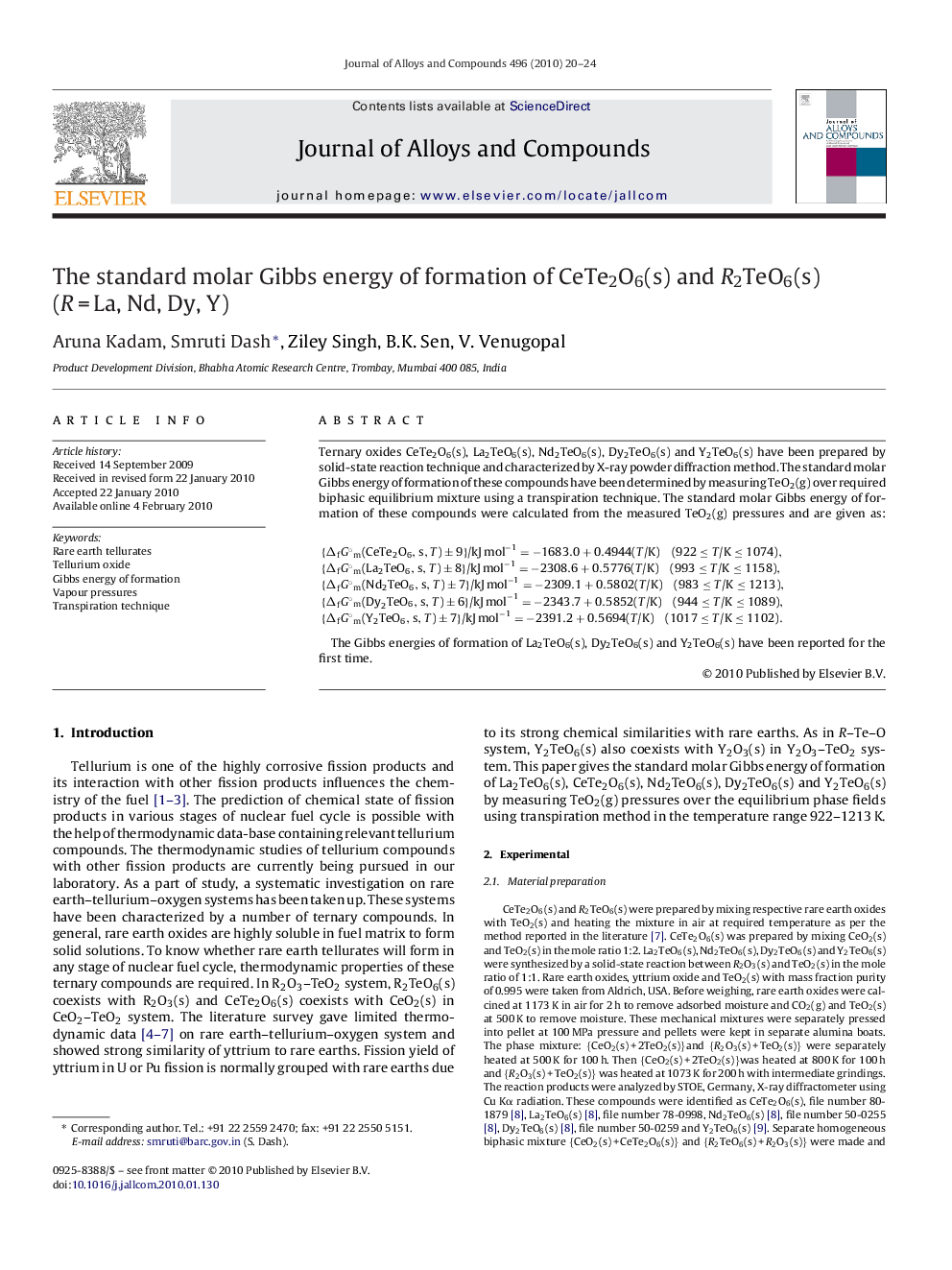 The standard molar Gibbs energy of formation of CeTe2O6(s) and R2TeO6(s) (RÂ =Â La, Nd, Dy, Y)
