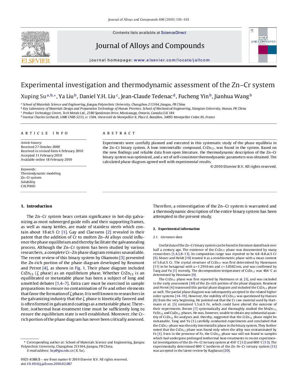 Experimental investigation and thermodynamic assessment of the Zn–Cr system