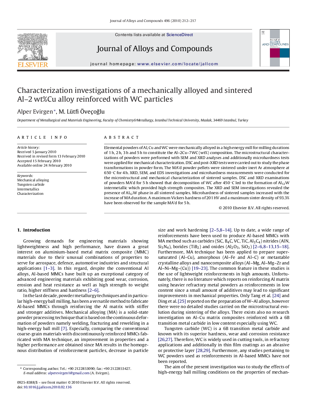 Characterization investigations of a mechanically alloyed and sintered Al–2 wt%Cu alloy reinforced with WC particles