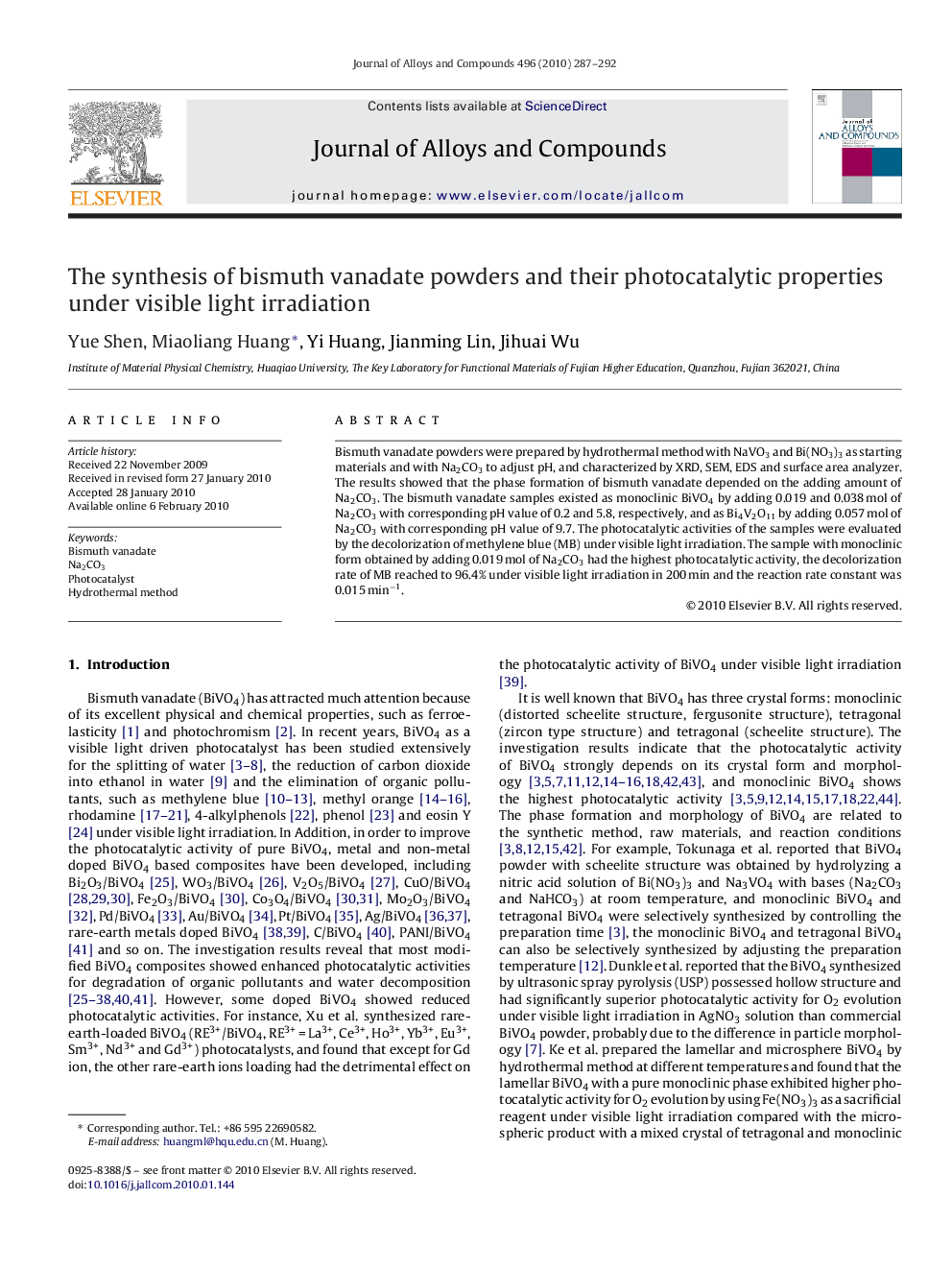 The synthesis of bismuth vanadate powders and their photocatalytic properties under visible light irradiation