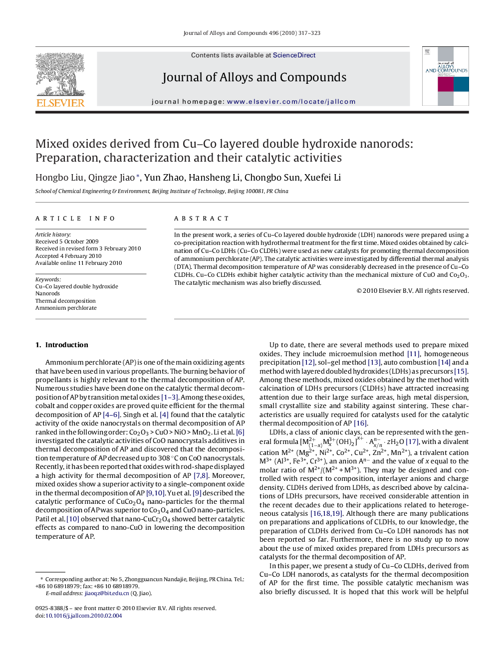 Mixed oxides derived from Cu–Co layered double hydroxide nanorods: Preparation, characterization and their catalytic activities