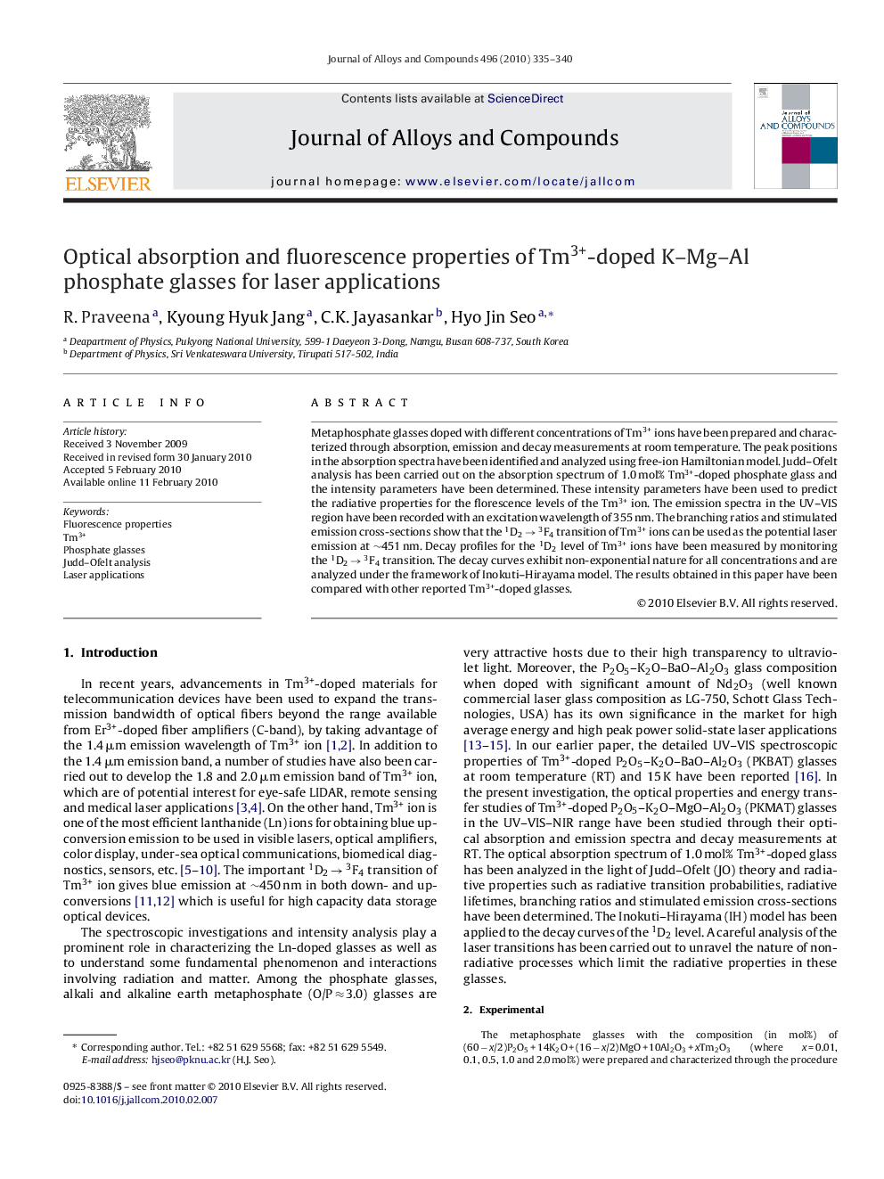 Optical absorption and fluorescence properties of Tm3+-doped K-Mg-Al phosphate glasses for laser applications