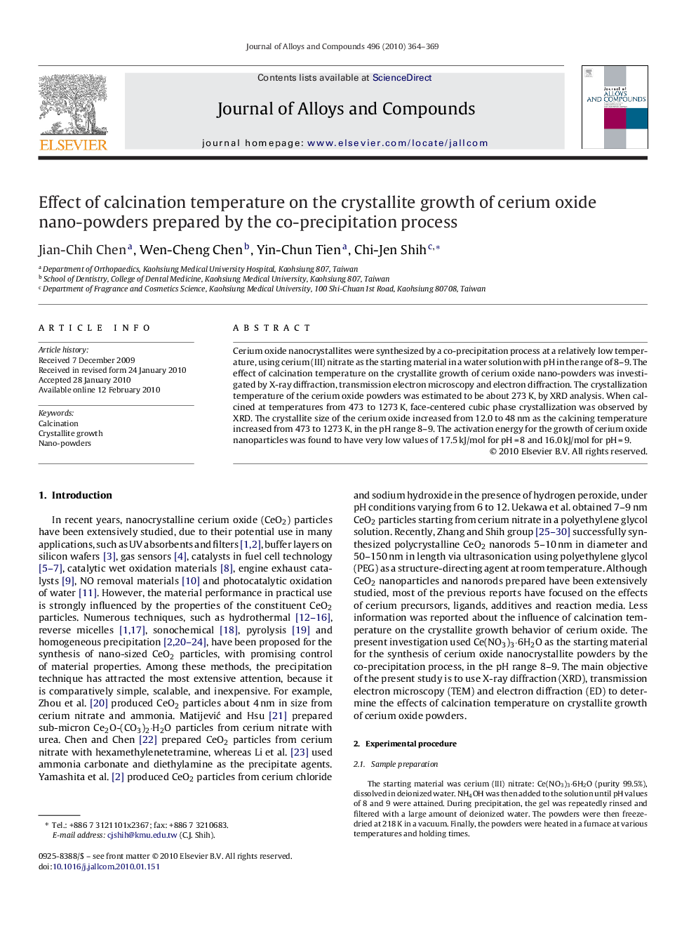 Effect of calcination temperature on the crystallite growth of cerium oxide nano-powders prepared by the co-precipitation process