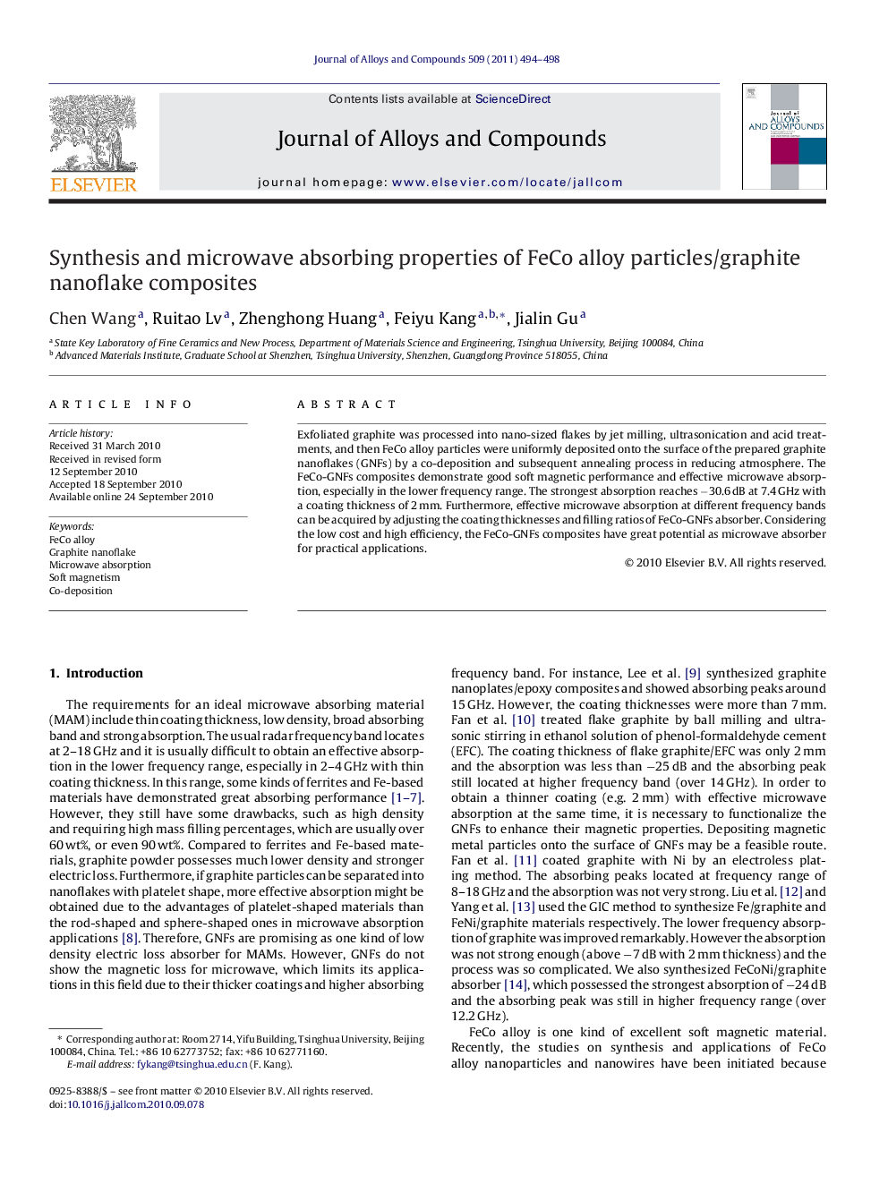 Synthesis and microwave absorbing properties of FeCo alloy particles/graphite nanoflake composites