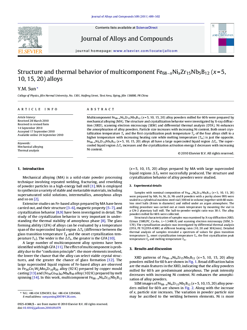 Structure and thermal behavior of multicomponent Fe68−xNixZr15Nb5B12 (x = 5, 10, 15, 20) alloys