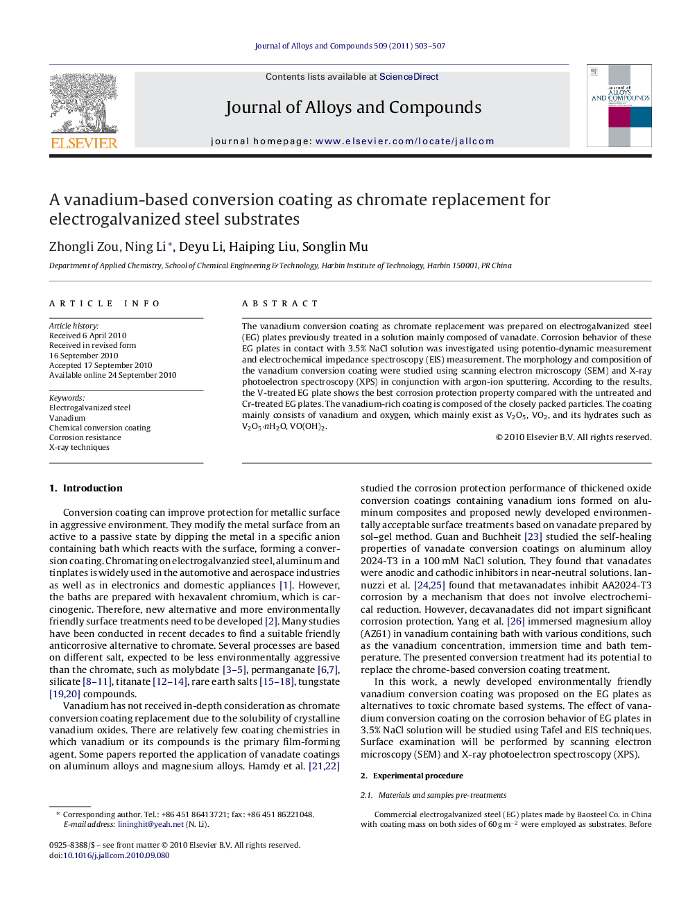 A vanadium-based conversion coating as chromate replacement for electrogalvanized steel substrates