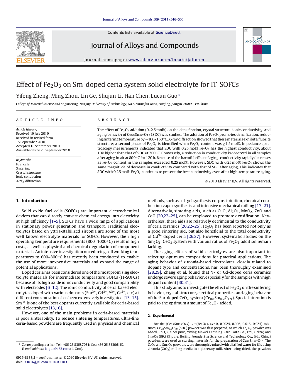 Effect of Fe2O3 on Sm-doped ceria system solid electrolyte for IT-SOFCs