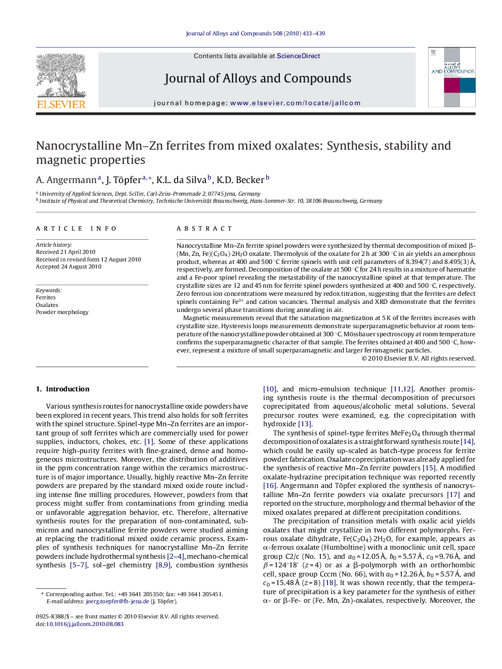 Nanocrystalline Mn–Zn ferrites from mixed oxalates: Synthesis, stability and magnetic properties