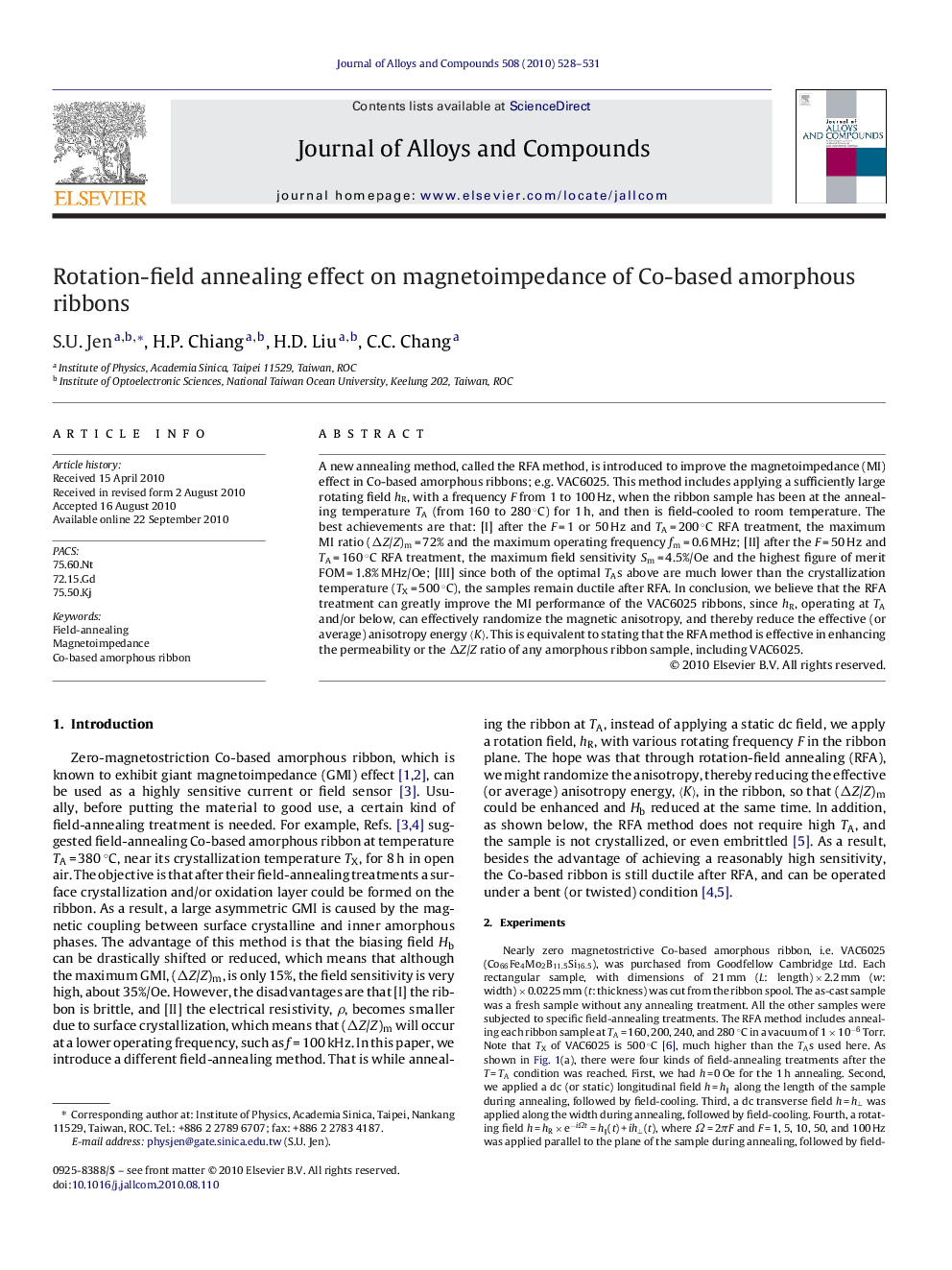 عکس صفحه اول مقاله: Rotation-field annealing effect on magnetoimpedance of Co-based amorphous ribbons Rotation-field annealing effect on magnetoimpedance of Co-based amorphous ribbons