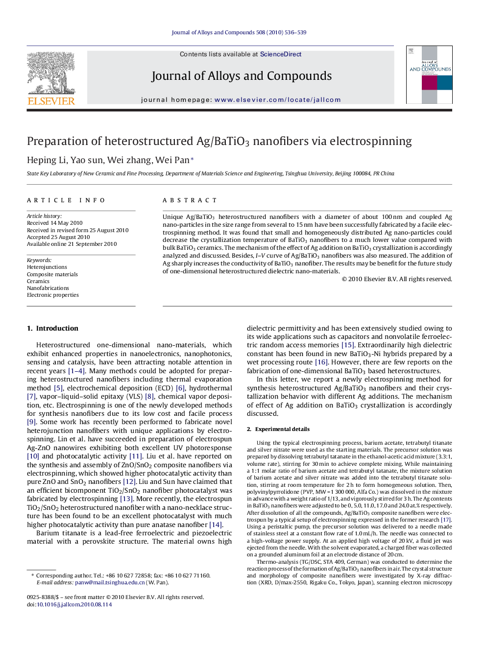 عکس صفحه اول مقاله: Preparation of heterostructured Ag/BaTiO3 nanofibers via electrospinning Preparation of heterostructured Ag/BaTiO3 nanofibers via electrospinning