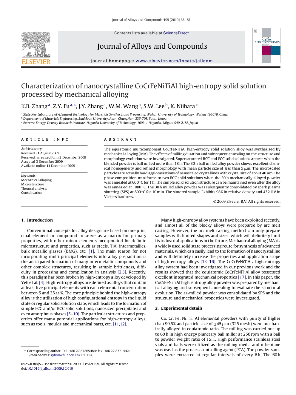 Characterization of nanocrystalline CoCrFeNiTiAl high-entropy solid solution processed by mechanical alloying