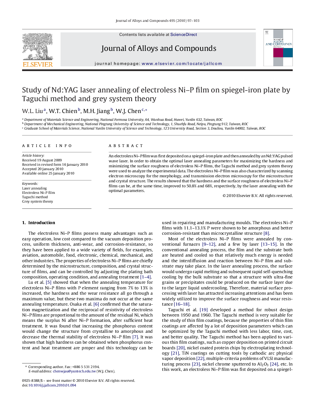 Study of Nd:YAG laser annealing of electroless Ni–P film on spiegel-iron plate by Taguchi method and grey system theory