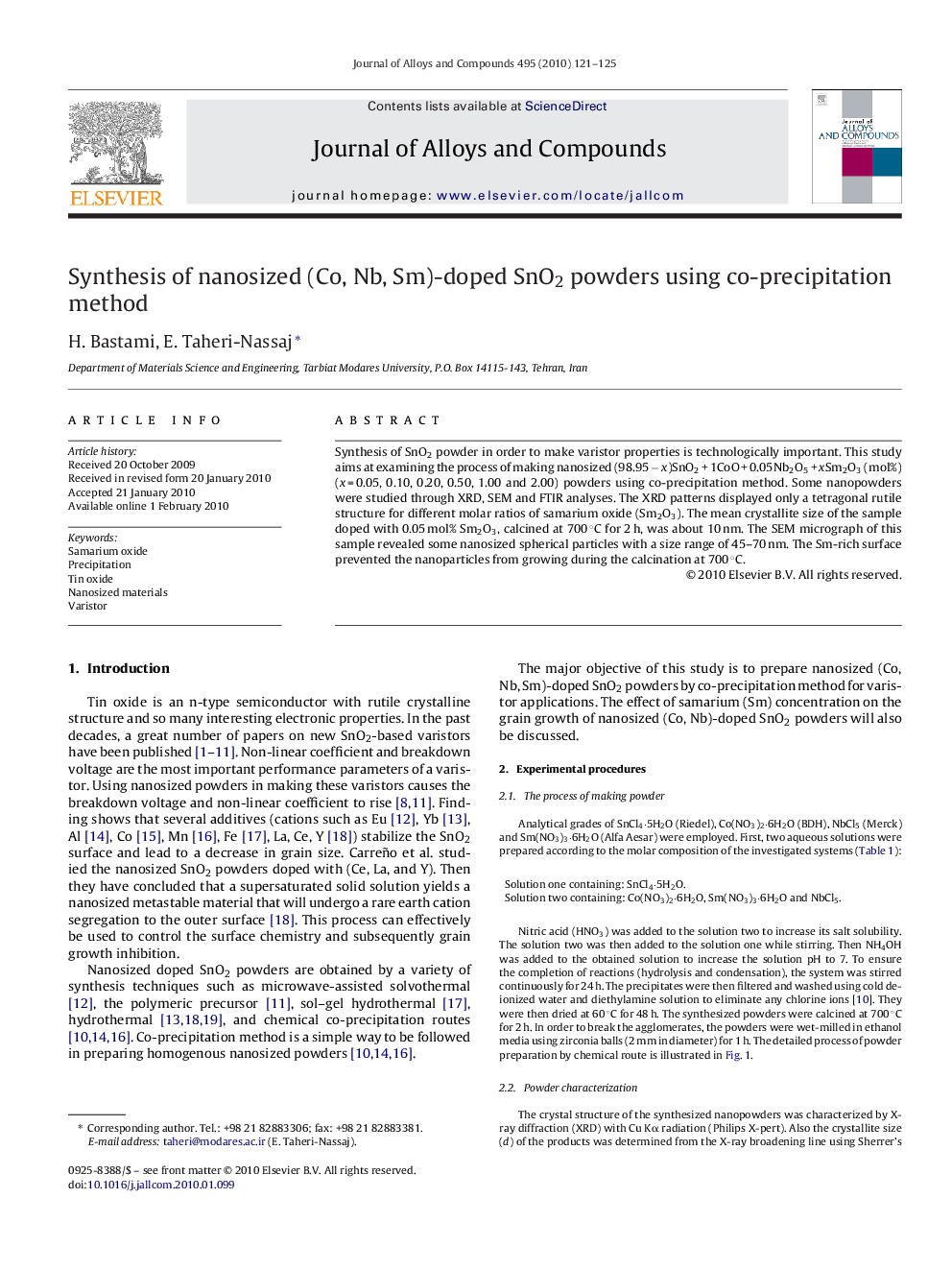 Synthesis of nanosized (Co, Nb, Sm)-doped SnO2 powders using co-precipitation method