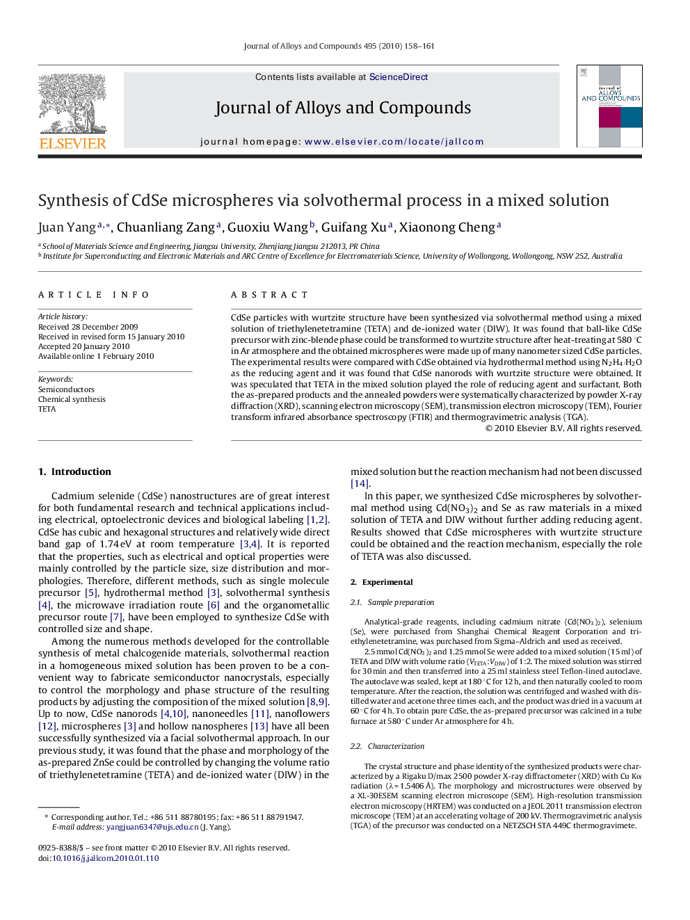 Synthesis of CdSe microspheres via solvothermal process in a mixed solution