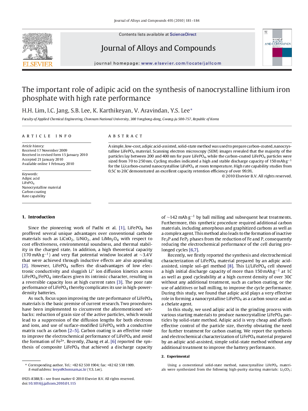 The important role of adipic acid on the synthesis of nanocrystalline lithium iron phosphate with high rate performance