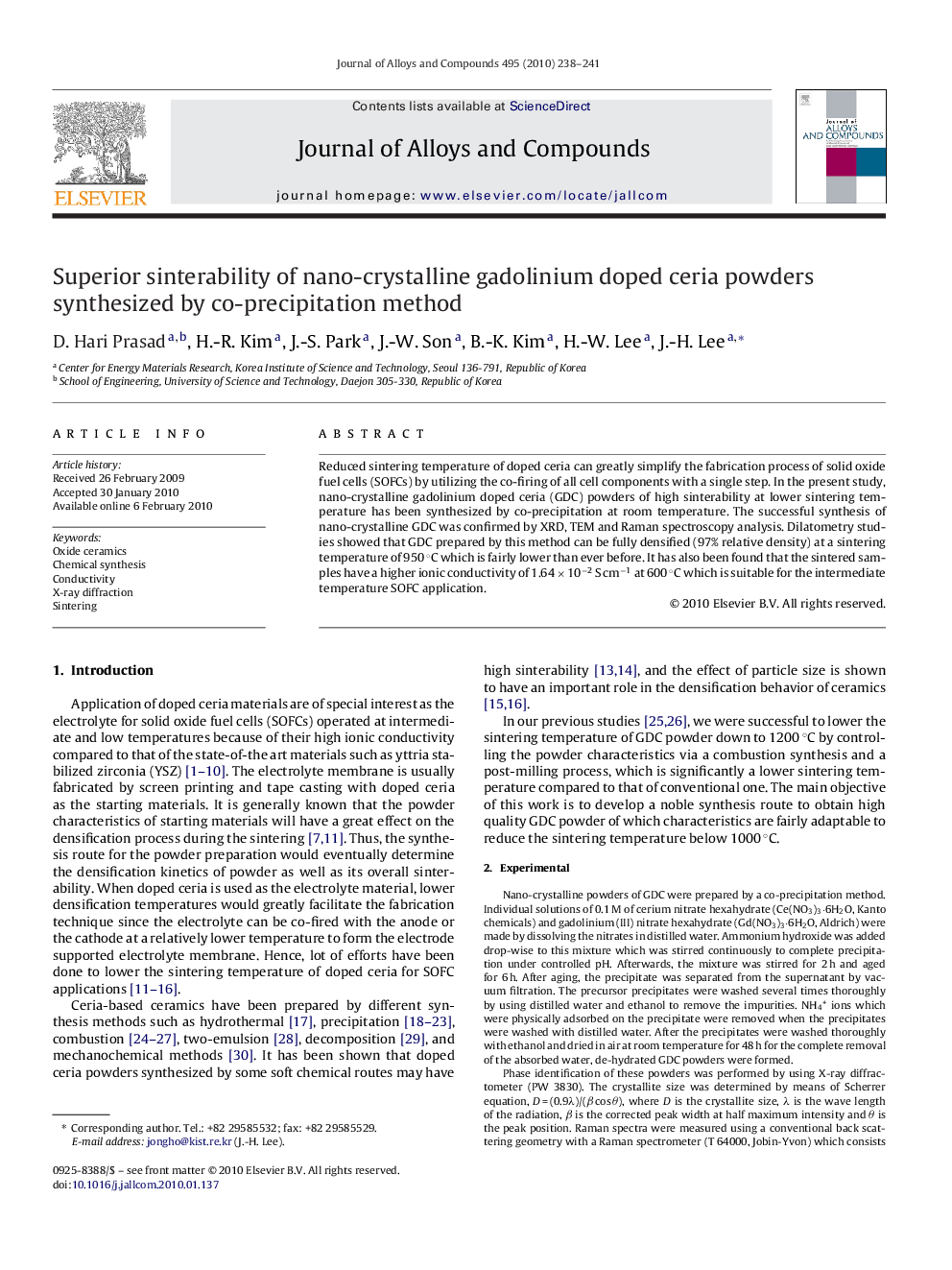 Superior sinterability of nano-crystalline gadolinium doped ceria powders synthesized by co-precipitation method