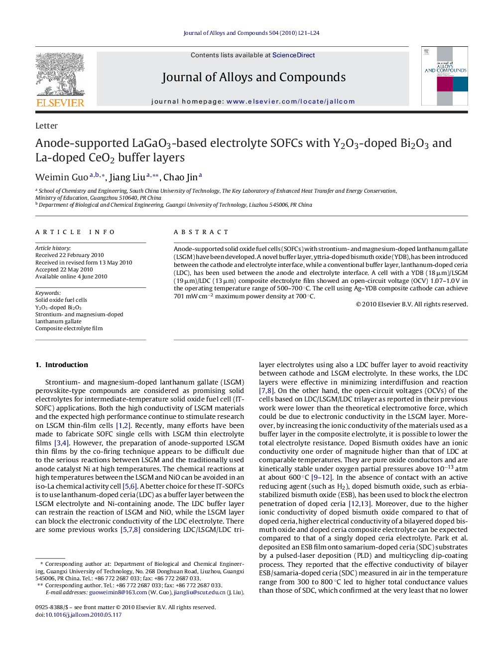 Anode-supported LaGaO3-based electrolyte SOFCs with Y2O3-doped Bi2O3 and La-doped CeO2 buffer layers