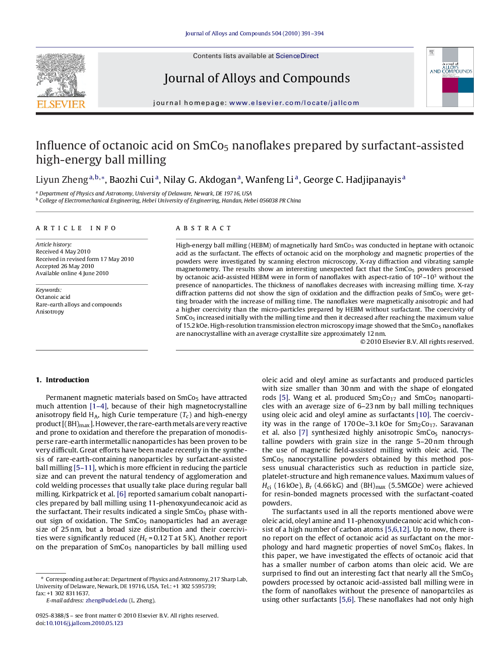 Influence of octanoic acid on SmCo5 nanoflakes prepared by surfactant-assisted high-energy ball milling