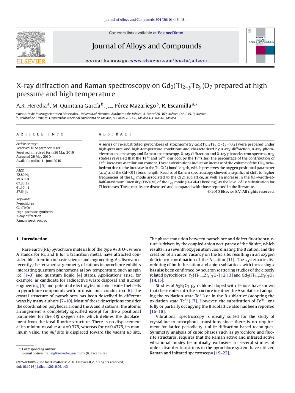 X-ray diffraction and Raman spectroscopy on Gd2(Ti2−yTey)O7 prepared at high pressure and high temperature