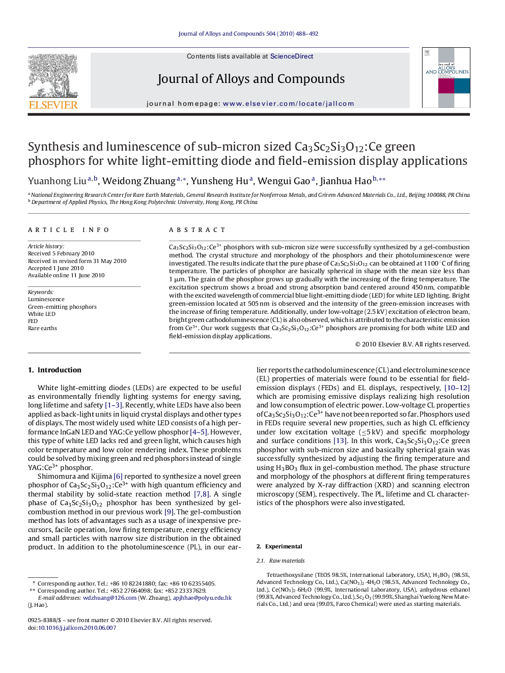 Synthesis and luminescence of sub-micron sized Ca3Sc2Si3O12:Ce green phosphors for white light-emitting diode and field-emission display applications