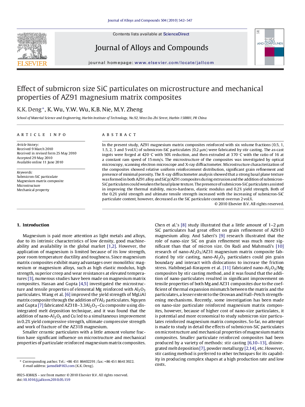 Effect of submicron size SiC particulates on microstructure and mechanical properties of AZ91 magnesium matrix composites