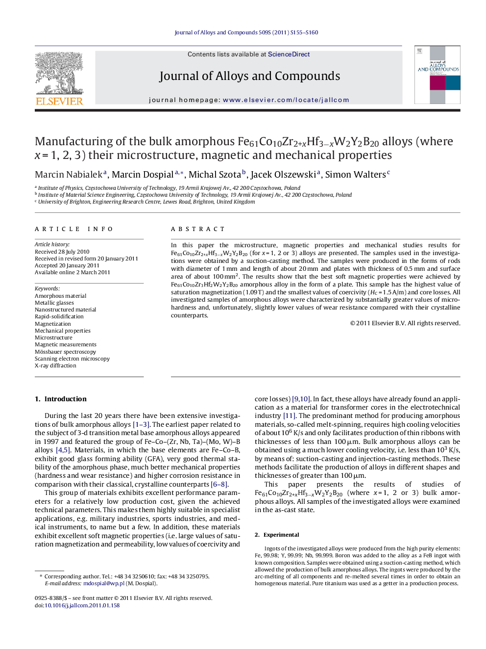 Manufacturing of the bulk amorphous Fe61Co10Zr2+xHf3âxW2Y2B20 alloys (where xÂ =Â 1, 2, 3) their microstructure, magnetic and mechanical properties