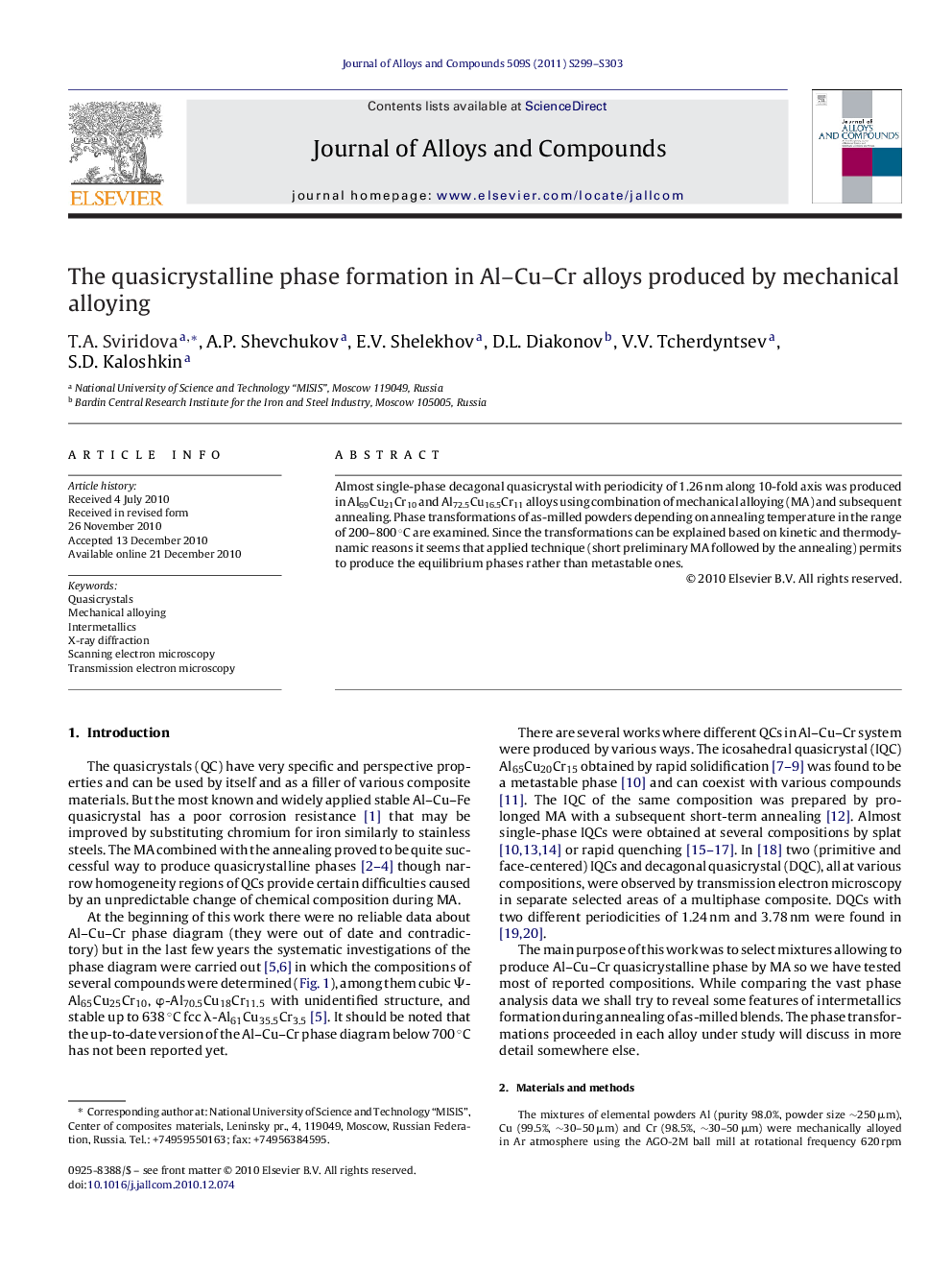 The quasicrystalline phase formation in Al–Cu–Cr alloys produced by mechanical alloying