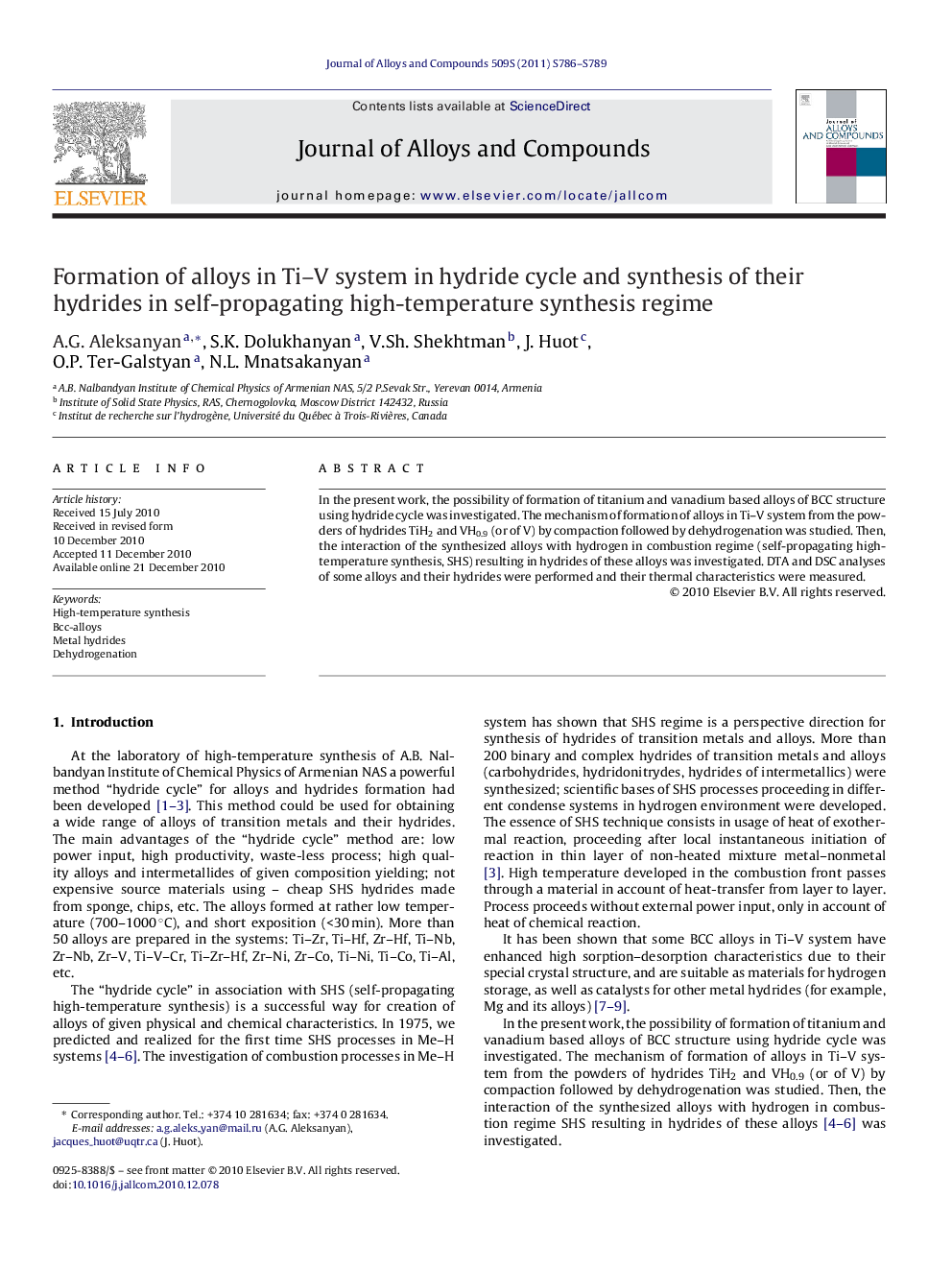 Formation of alloys in Ti–V system in hydride cycle and synthesis of their hydrides in self-propagating high-temperature synthesis regime