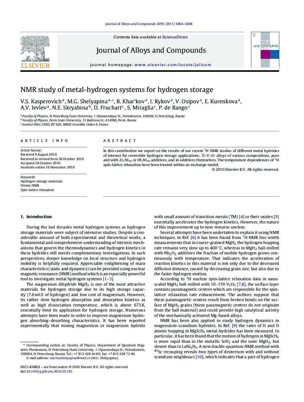 NMR study of metal-hydrogen systems for hydrogen storage