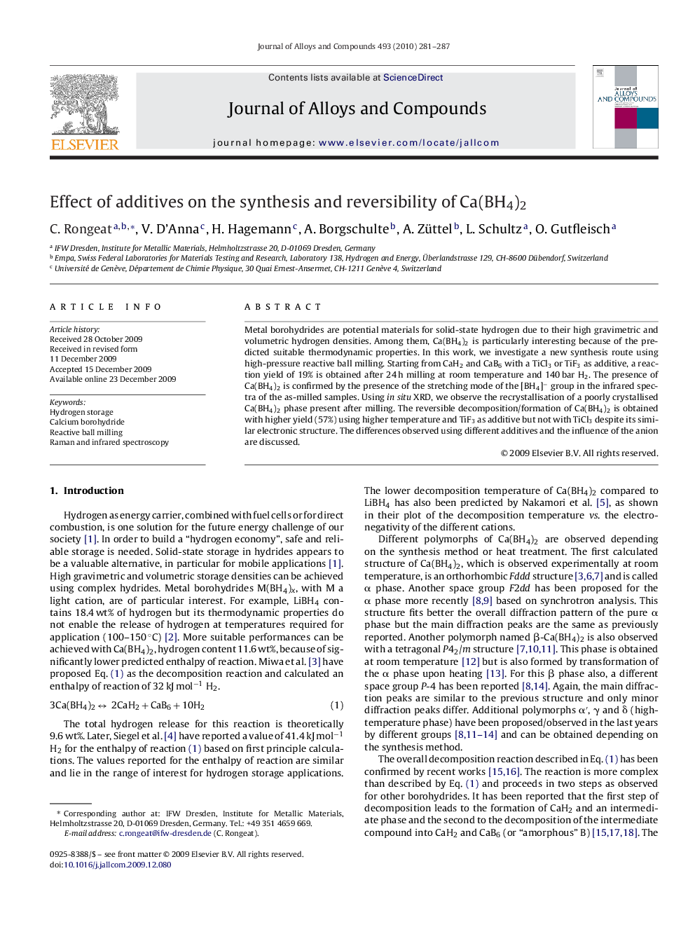 Effect of additives on the synthesis and reversibility of Ca(BH4)2