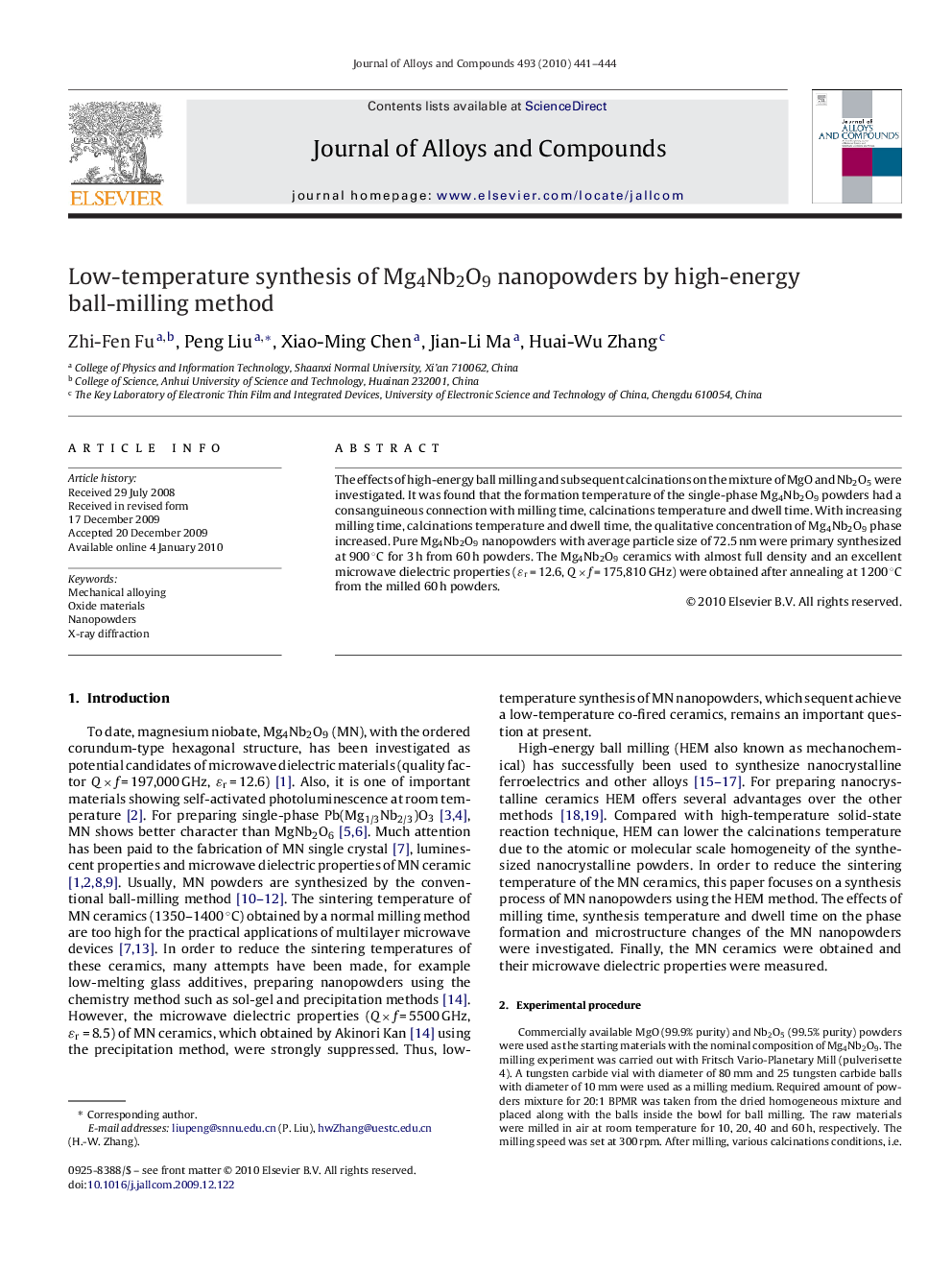 Low-temperature synthesis of Mg4Nb2O9 nanopowders by high-energy ball-milling method