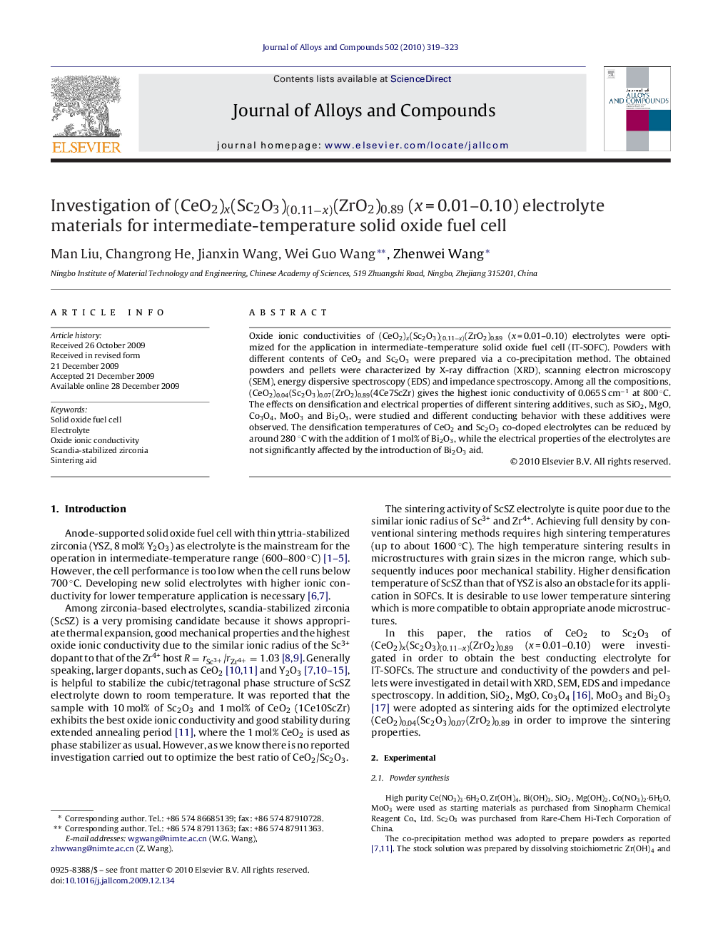 Investigation of (CeO2)x(Sc2O3)(0.11−x)(ZrO2)0.89 (x = 0.01–0.10) electrolyte materials for intermediate-temperature solid oxide fuel cell