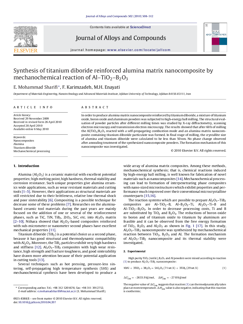 Synthesis of titanium diboride reinforced alumina matrix nanocomposite by mechanochemical reaction of Al–TiO2–B2O3