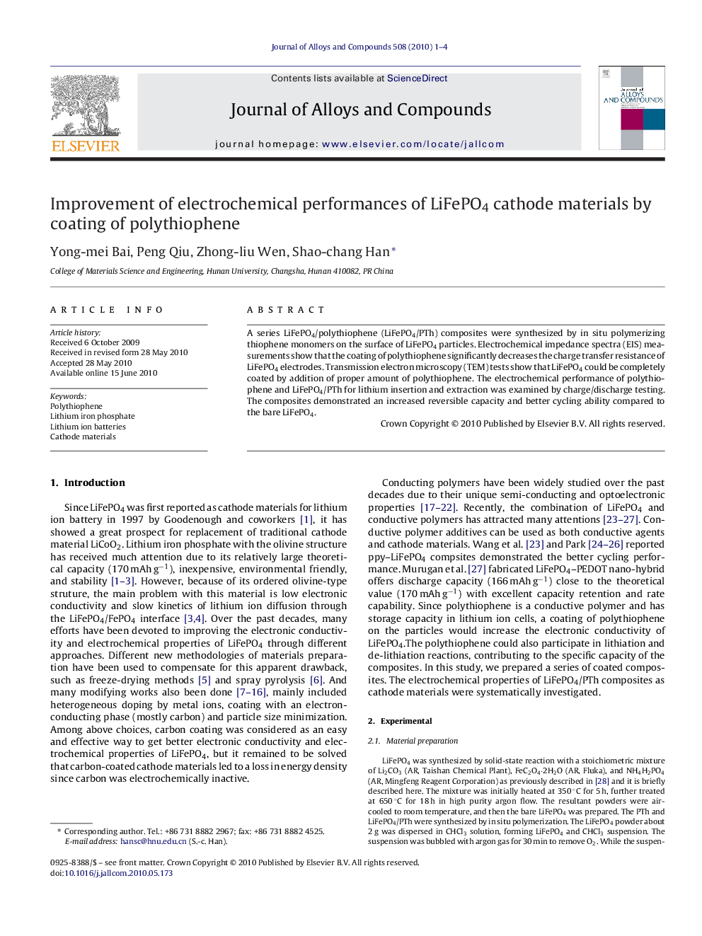عکس صفحه اول مقاله: Improvement of electrochemical performances of LiFePO4 cathode materials by coating of polythiophene Improvement of electrochemical performances of LiFePO4 cathode materials by coating of polythiophene