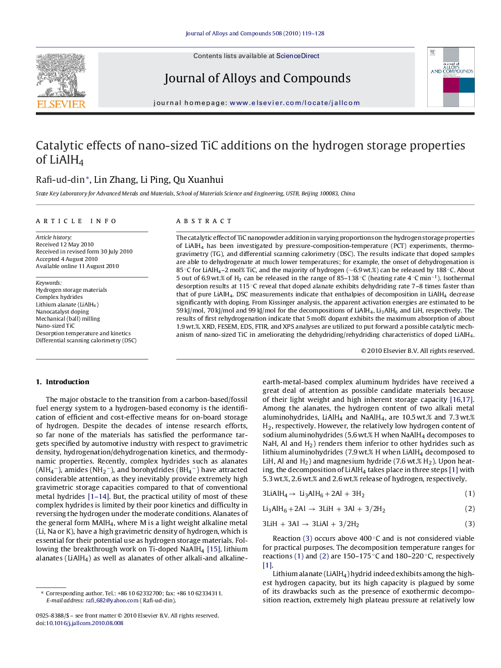 Catalytic effects of nano-sized TiC additions on the hydrogen storage properties of LiAlH4