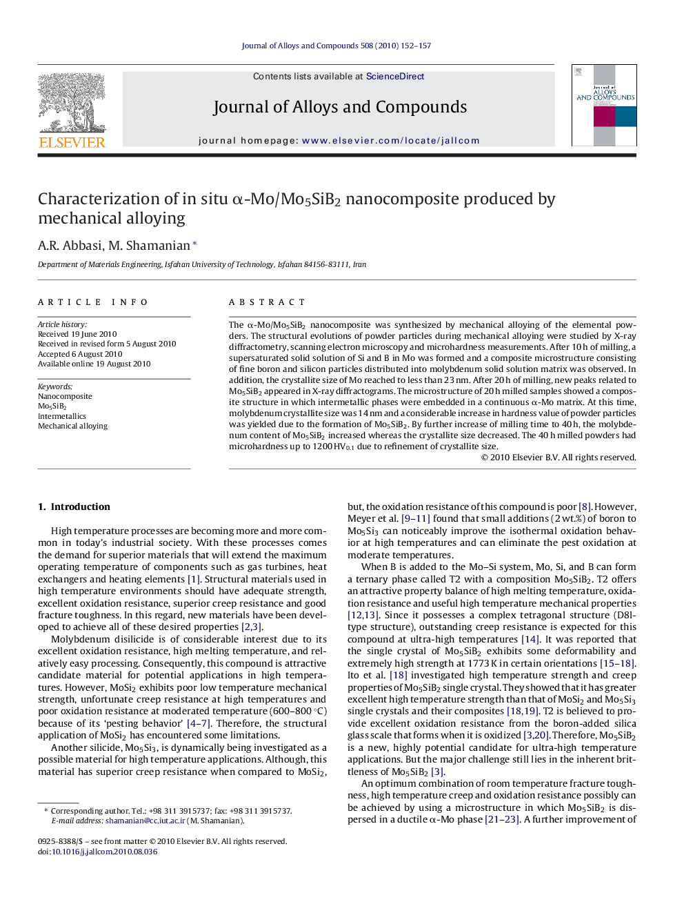 Characterization of in situ α-Mo/Mo5SiB2 nanocomposite produced by mechanical alloying